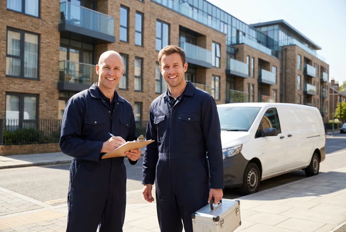 Two APT engineers in navy uniforms outside a London apartment block — clipboard, toolbox, white van behind