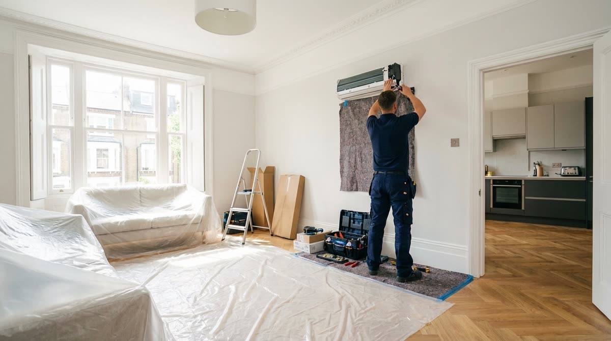 APT engineer installing wall-mounted AC unit in a London flat, furniture protected with sheeting, clean professional workspace