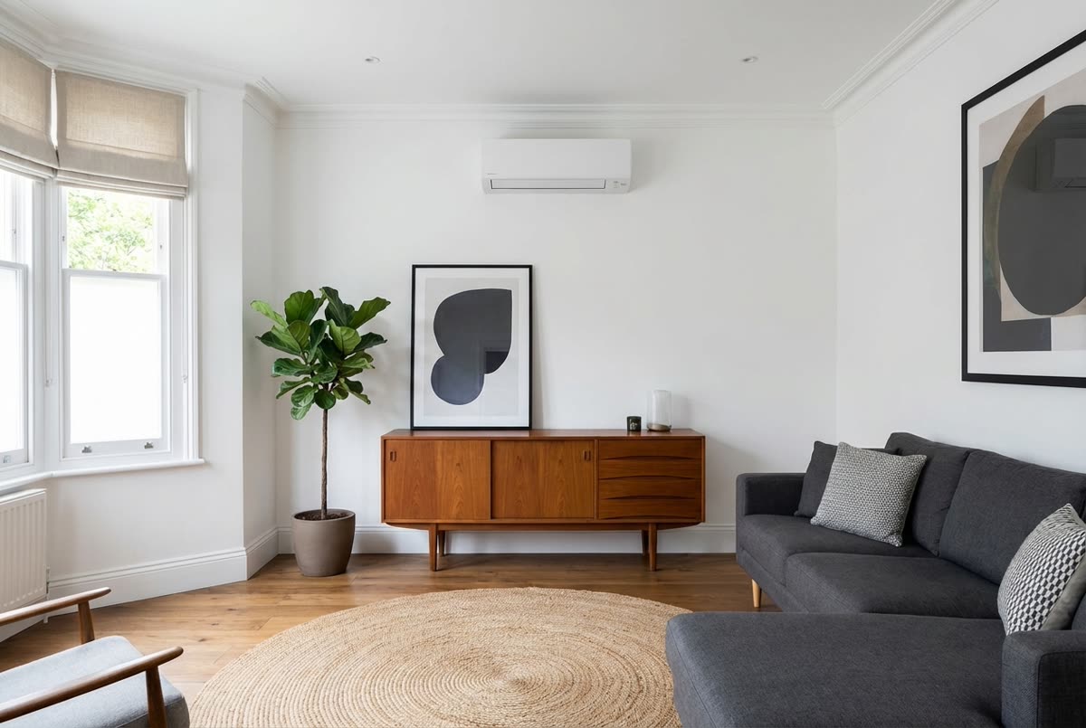 Slim white wall-mounted AC unit installed high on a clean white wall in a bright London living room