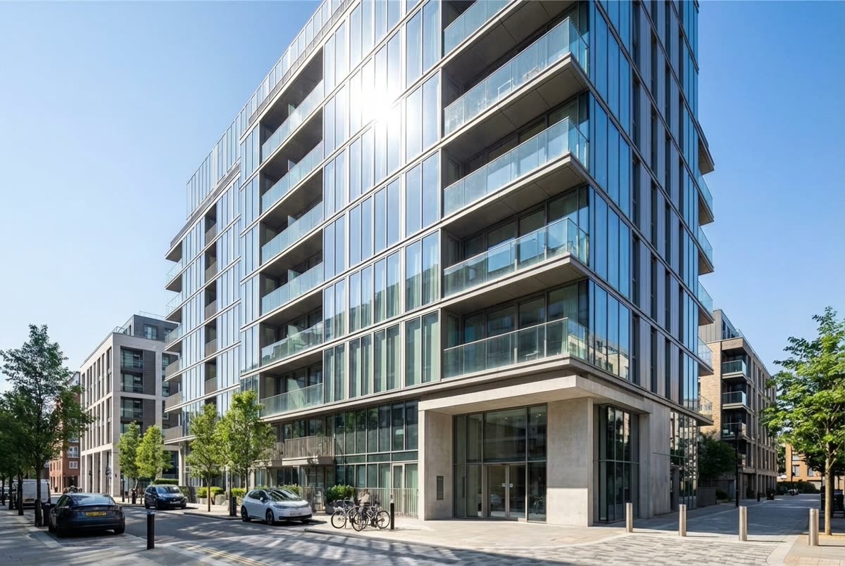 Modern glass new-build apartment block in London — sun blazing off the facade on a clear summer day