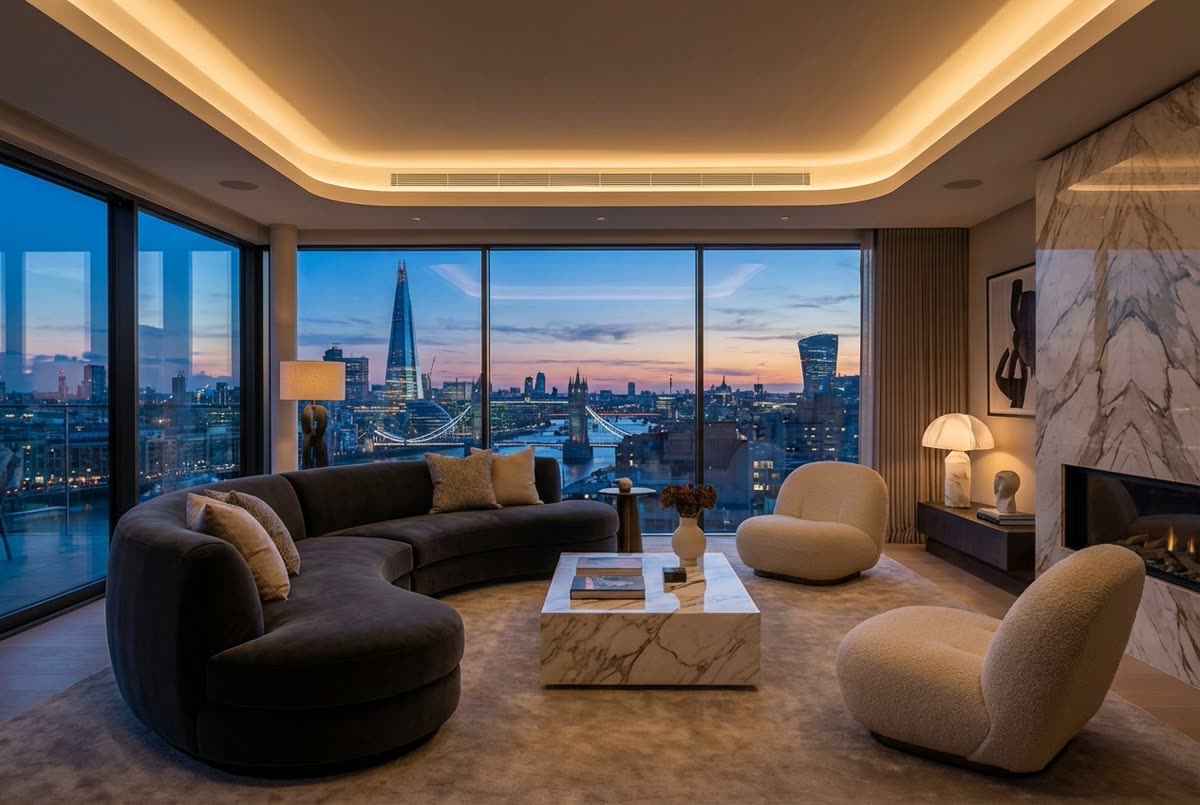 Luxury London penthouse living room with Shard views — marble coffee table, curved sofa, concealed ceiling AC