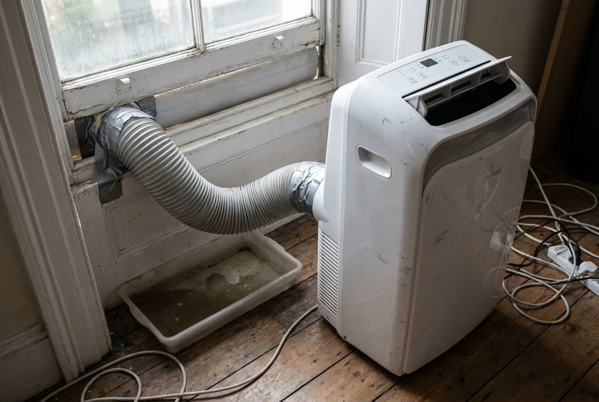 Dirty portable AC unit with duct-taped hose, overflow tray and trailing cables — the typical apartment cooling 'solution'