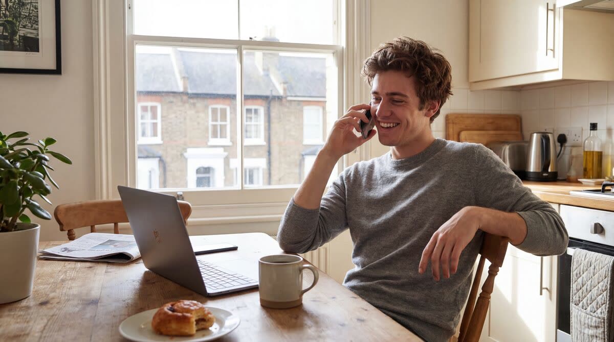 Customer making an enquiry call from their London apartment kitchen