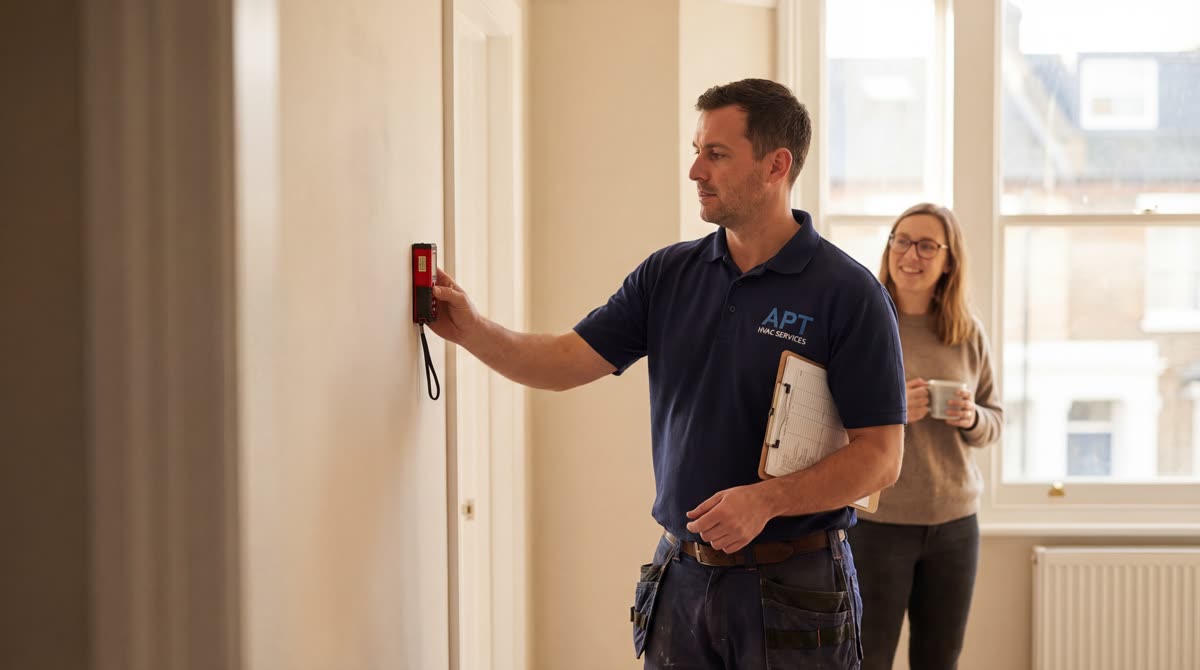 APT engineer surveying a London apartment with laser measure, homeowner looking on