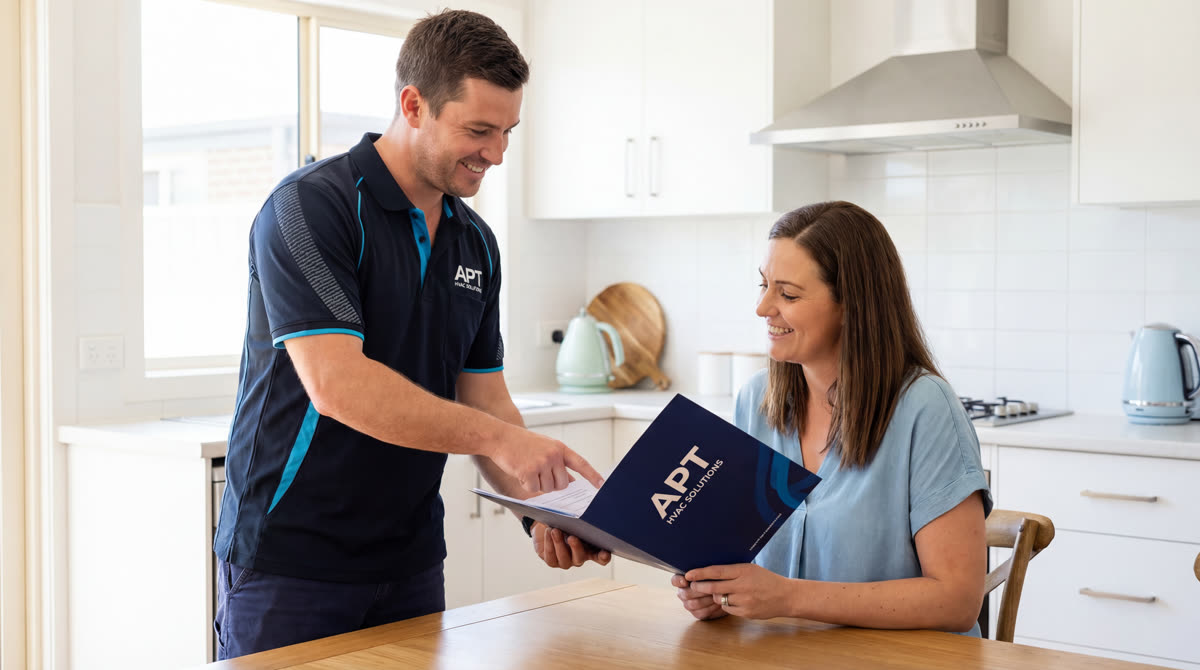 APT engineer going through paperwork and approval documents with apartment owner