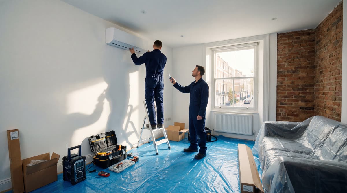 Two APT engineers installing a wall-mounted AC unit in a London apartment, blue floor protection laid throughout