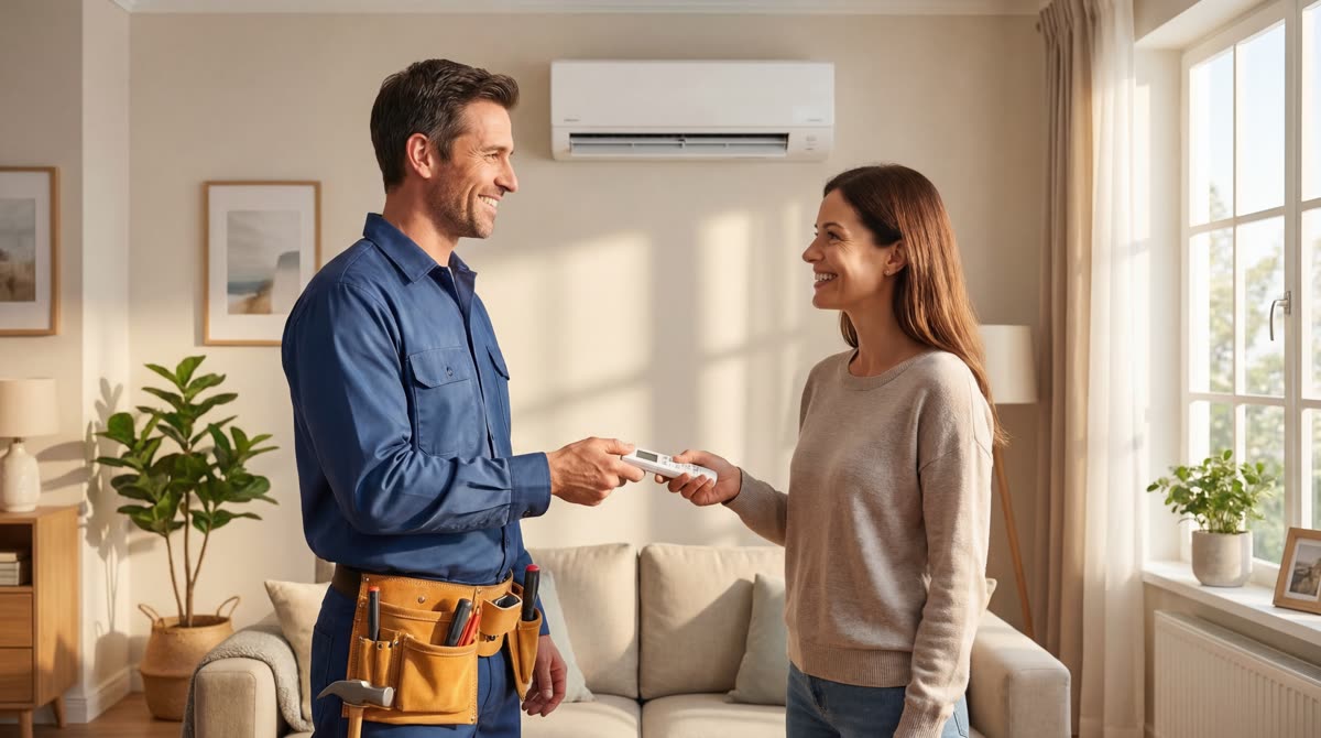 APT engineer handing over the remote to a happy customer with installed AC unit on the wall behind them