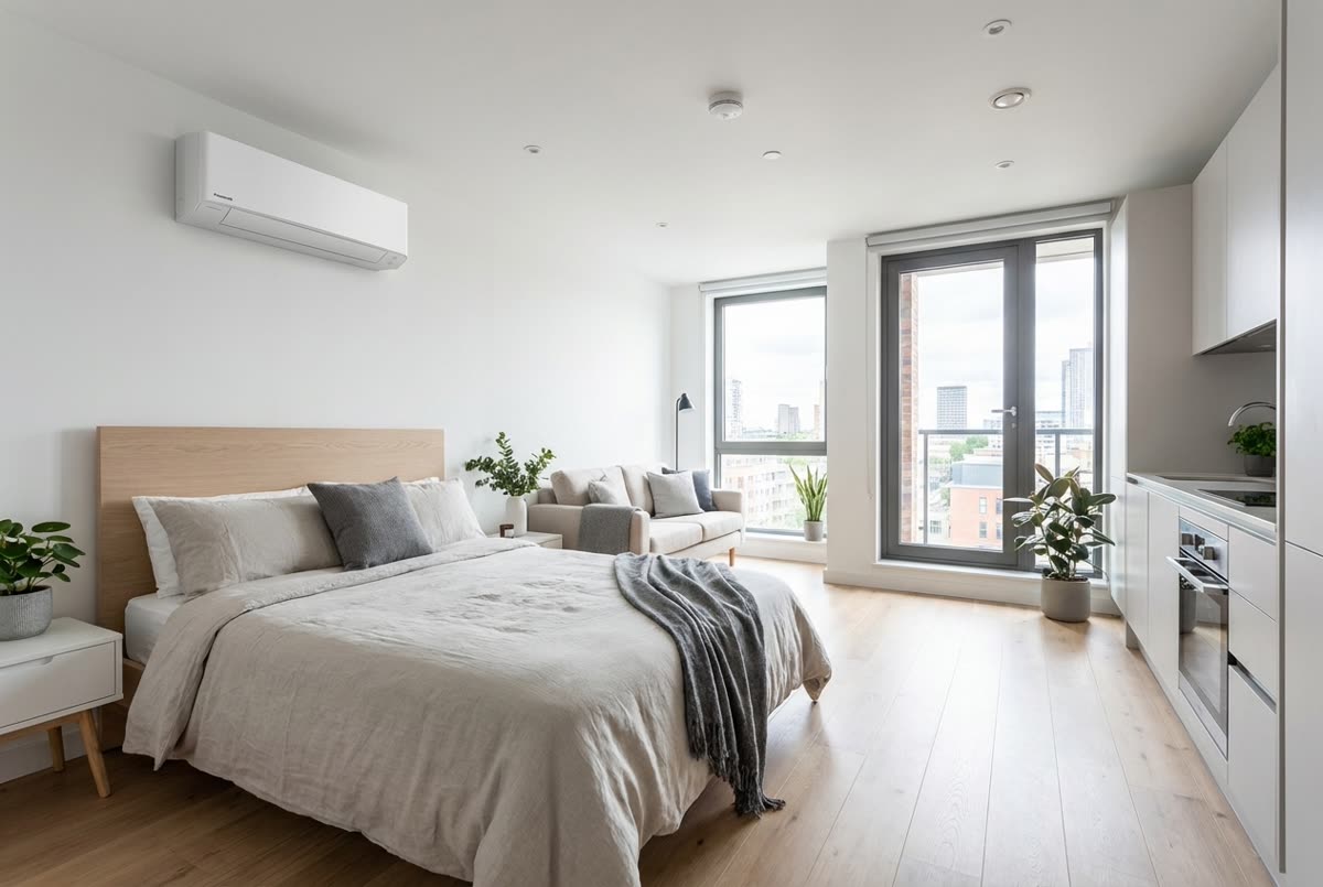 Smart London studio flat with slim white wall-mounted AC unit — open-plan living, bedroom and kitchen in one bright space