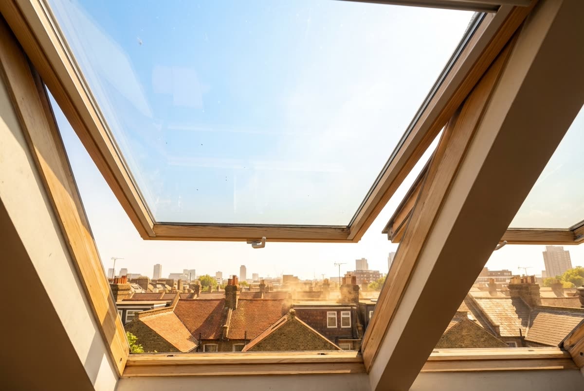 View from a top-floor London flat through Velux skylights — rooftops and summer skyline blazing in the heat