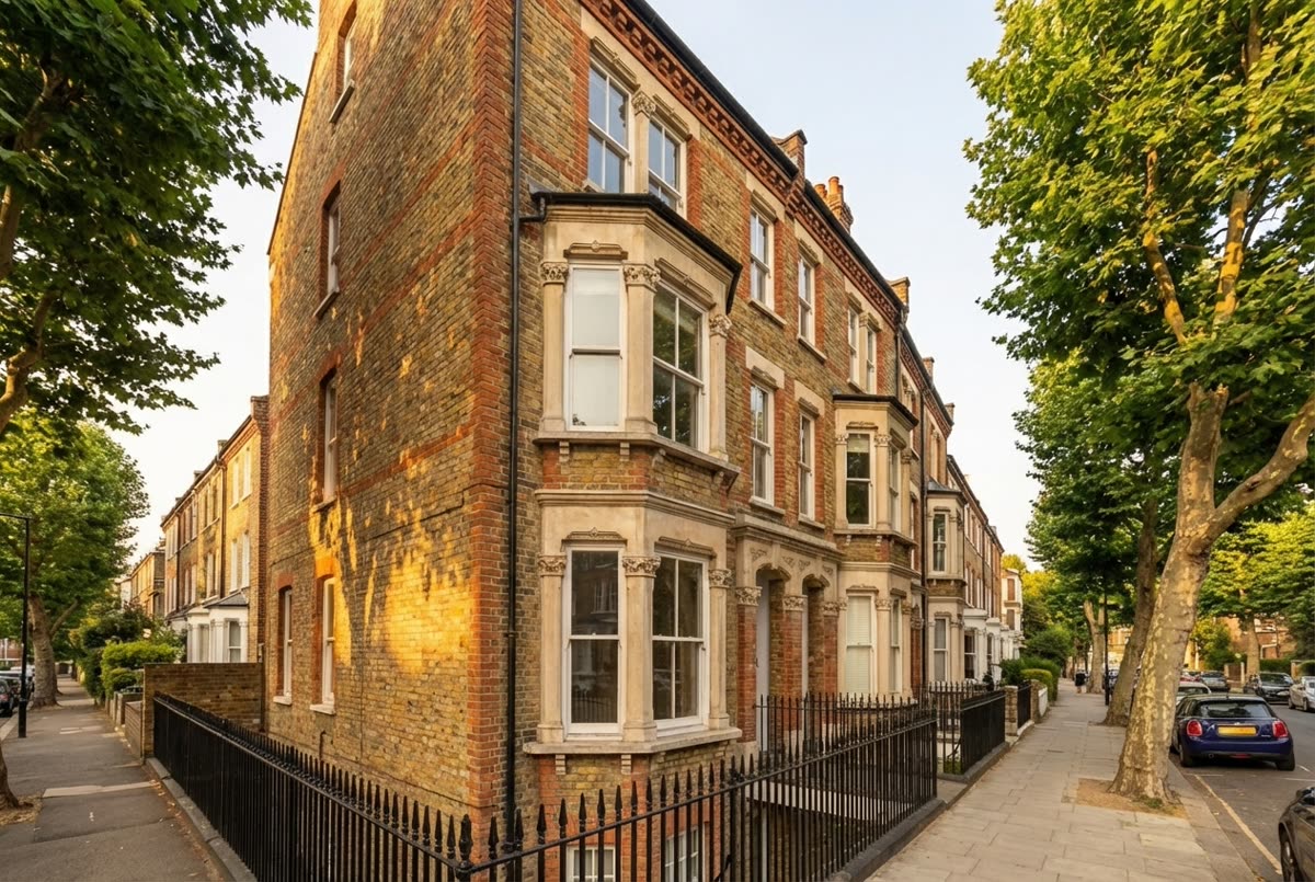 Victorian terraced conversion on a quiet London street — classic red brick, sash windows, iron railings